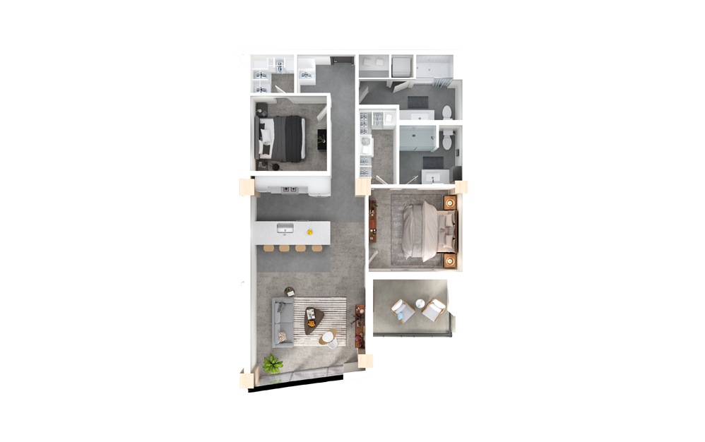 Cedar - 2 bedroom floorplan layout with 2 baths and 1155 square feet.